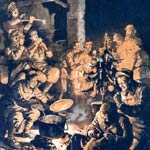 Dans une ruine, des Poilus improvisent un réveillon.